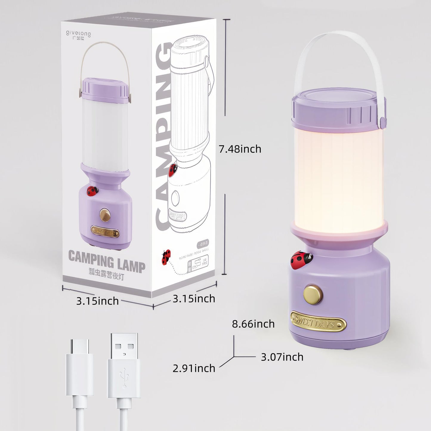 HOMY Ladybug Night Light for Kids, Retro 7-Star USB Rechargeable Camping Lantern, 3-Color Dimmable LED, Tent Hook & Handle, Safe Night Light for Outdoor/Kids Camping Essentials