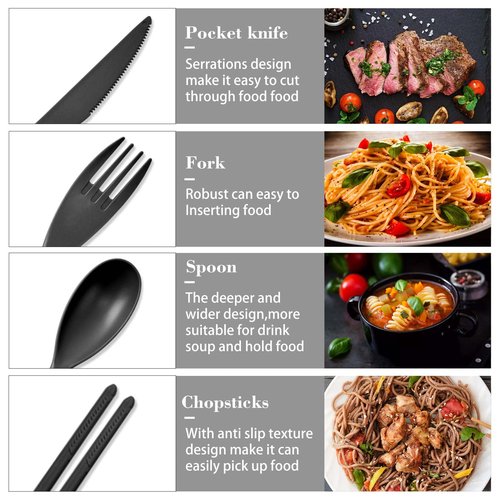 Large Reusable Travel Utensils Set with Case, Plastic Set for Adults Travel Picnic Camping, Portable Flatware Cutlery Set with Chopsticks for Daily Use(Black)