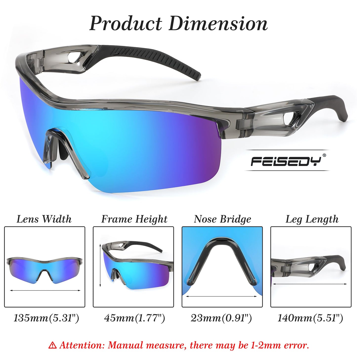 FEISEDY Men Sunglasses, Polarized Cycling Sunglasses, UV400 Sports Baseball Running Fishing Hiking Shades B2372,Grey/Blue