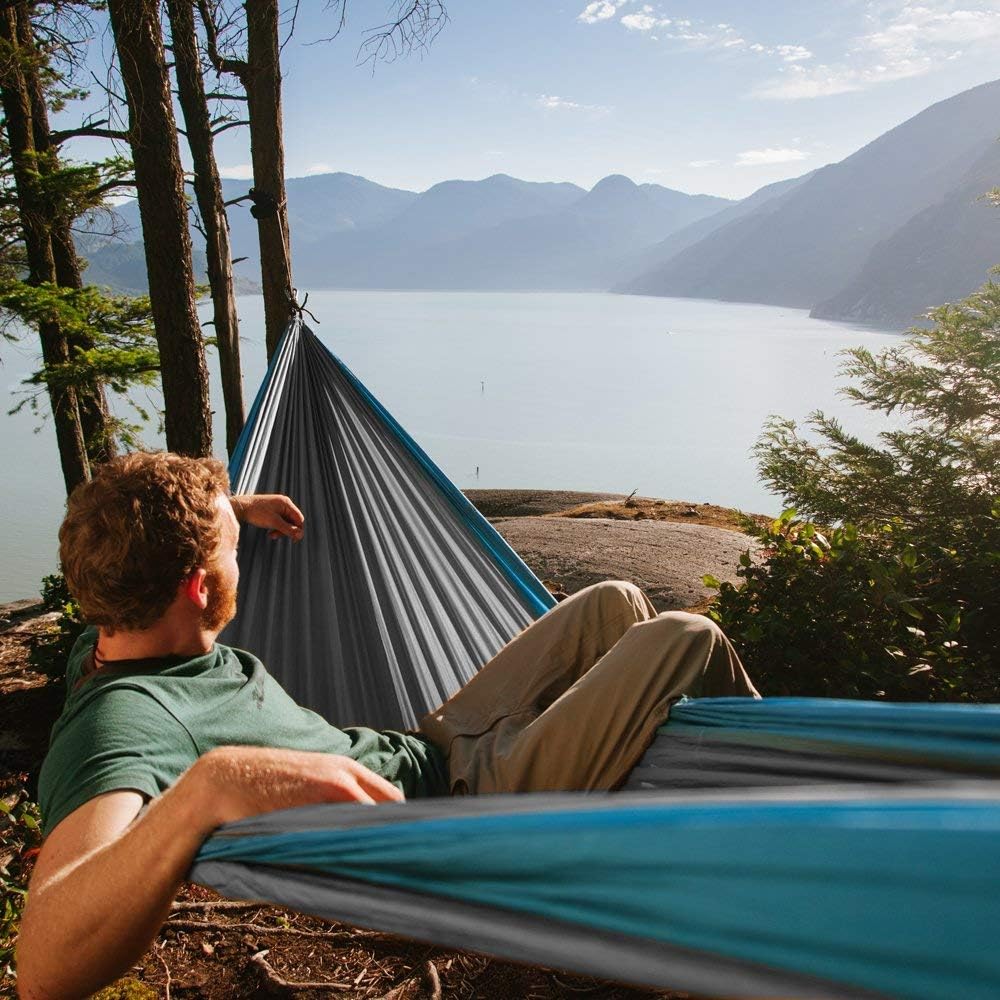 Neolite Double Camping Hammock - Lightweight Portable Nylon Parachute Hammock for Backpacking, Travel, Beach, Yard. Hammock Straps & Steel Carabiners Included (Orange/Blue)