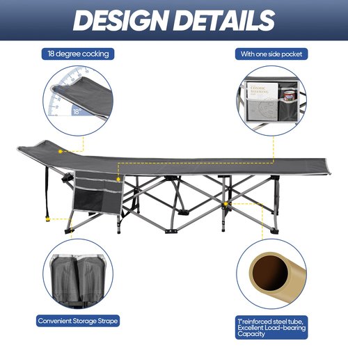HAITRAL Portable Camping Cot with Mattress - Outdoor Folding Heavy Duty Sleeping Bed with Side Pocket for Adults - Oxford Single Lounge Chaise for Camping Tent Beach Office Max Load 300 LBS (Grey)