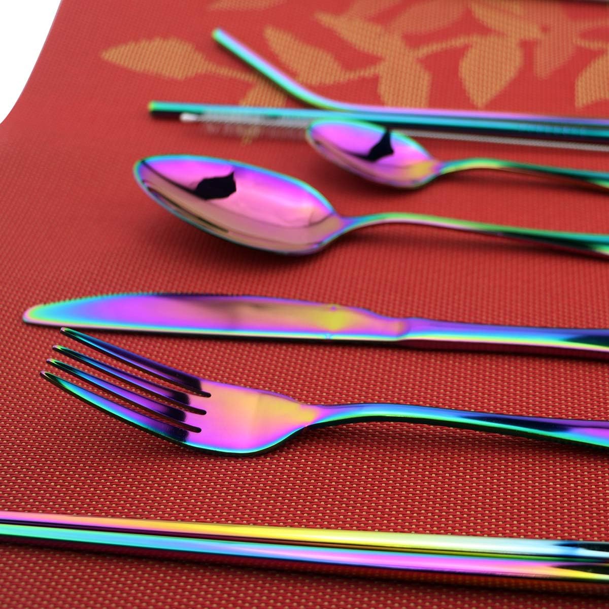 8 Pieces Stainless Steel Mirror Poblished Flatware Set Reusable Cutlery Set Travel Utensils Set with Straws for Camping Office or School Lunch,Dishwasher Safe (Rose Gold)