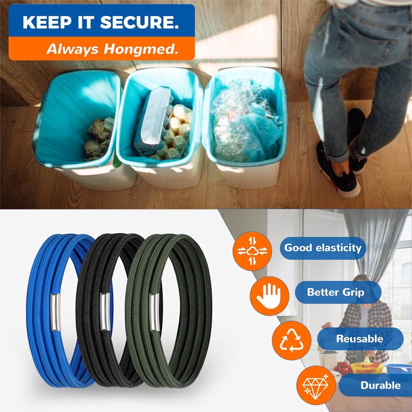 Trash Can Bands Set of 3, Fits 32 to 55 Gallon Cans, Large Elastic Rubber Bands for Kitchen/Office/Garage, Secure Garbage Bags(Black/Blue/Green)