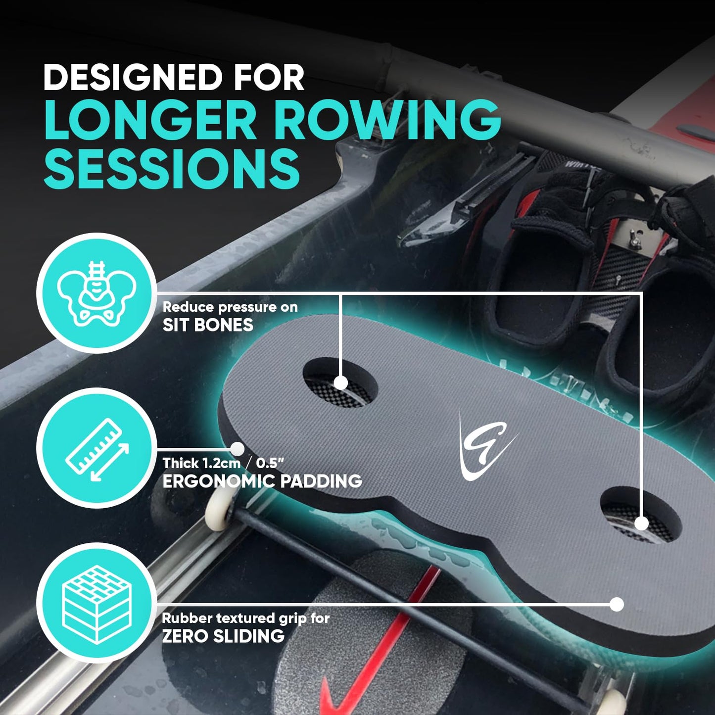 Godfrey Women’s Rowing Seat Pad - 12mm Waterproof Non-Slip Rower Cushion for Concept2, Peloton, Hydrow & Water Rowers (Black)