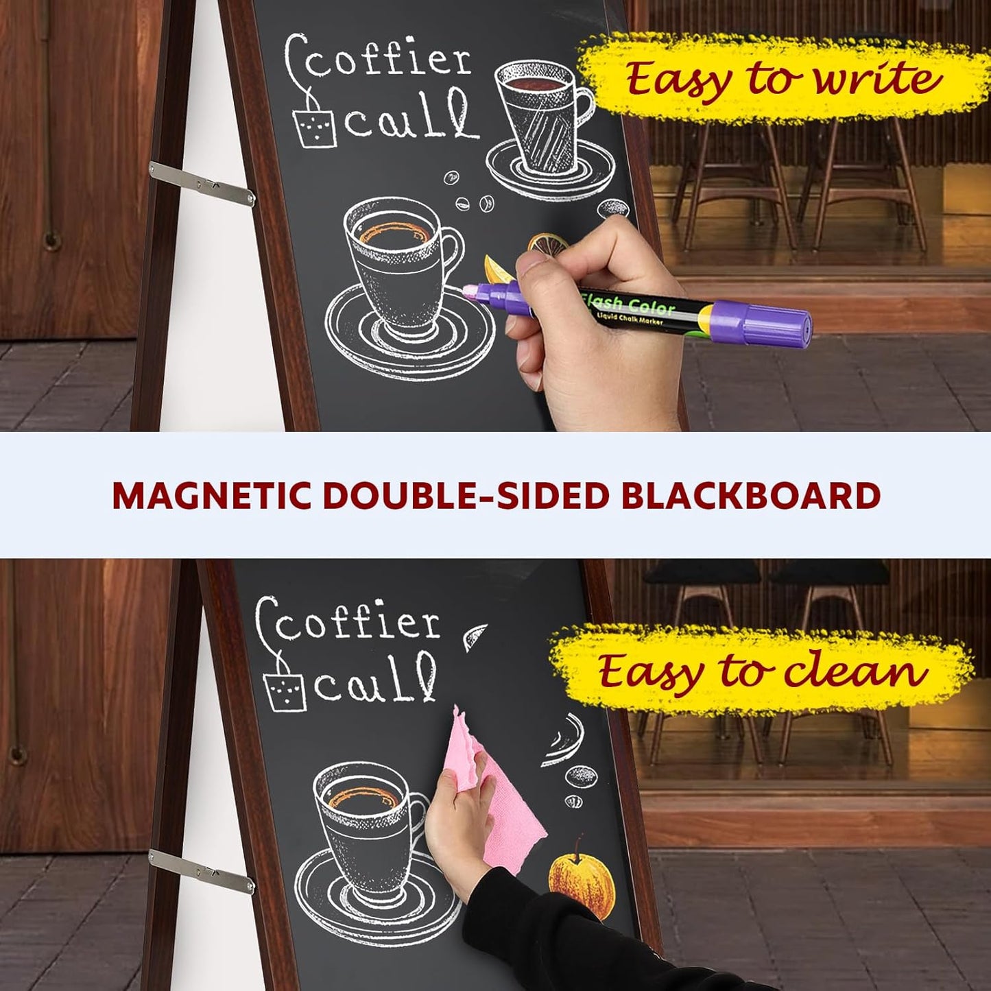 A Frame Sign Chalk Board, Aluminum Alloy Wood Grain Chalkboard, Double Sided Magnetic Blackboard with Liquid Chalk Markers, Suitable for Pubs/Restaurants/Coffee Shops/Birthdays/Parties/Wedding