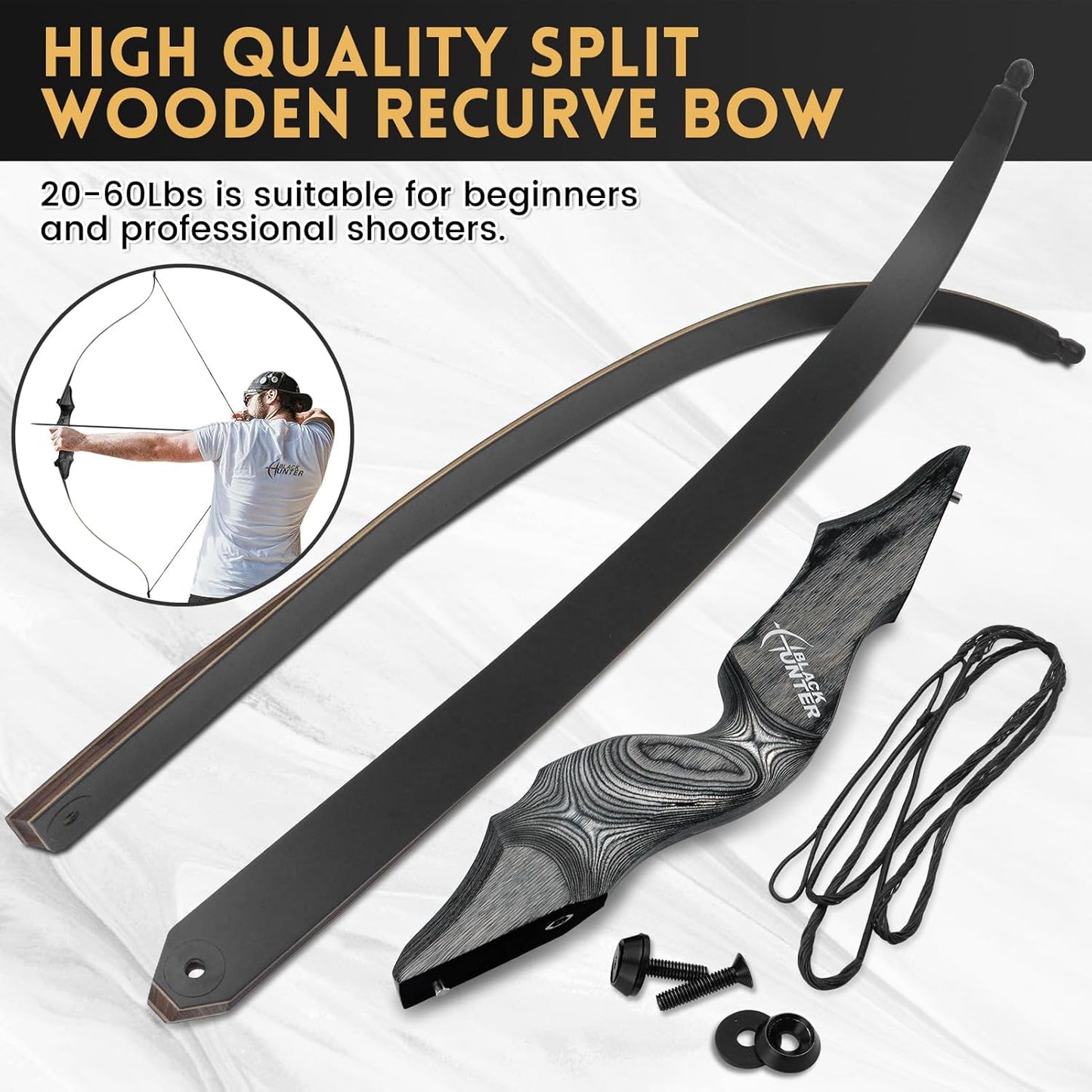 Obert Original Black Hunter Takedown Recurve Bow 60inch with Bamboo Core Limbs Archery Hunting Target Practice
