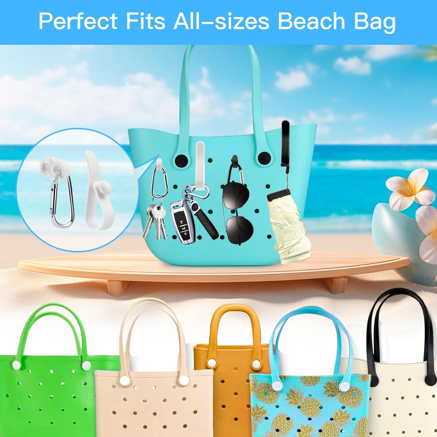 4 Pcs Hooks Set Accessories Compatible for Bogg Bag, Bogg Bag Accessories, Insert Carabiner Key Chain Holder Charms, Compatible for Small & Large Beach Bags (White)