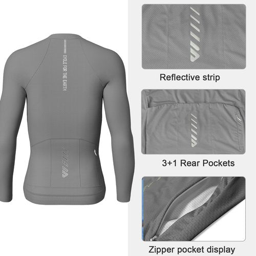 Lo.gas Mens Cycling Jersey Long Sleeve with 3+1 Rear Pockects Moisture Wicking UPF 50+ Full Zip Riding Bike Shirts,Grey L