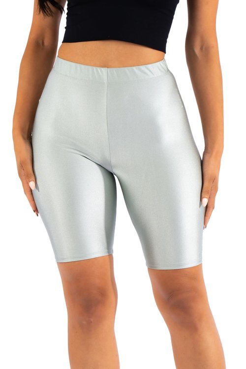 Ofenti Shiny Biker Shorts Colorful Knee Length High Waist Active Slip Shorts Boy Shorts Dance Yoga Running Lounge Silver XS