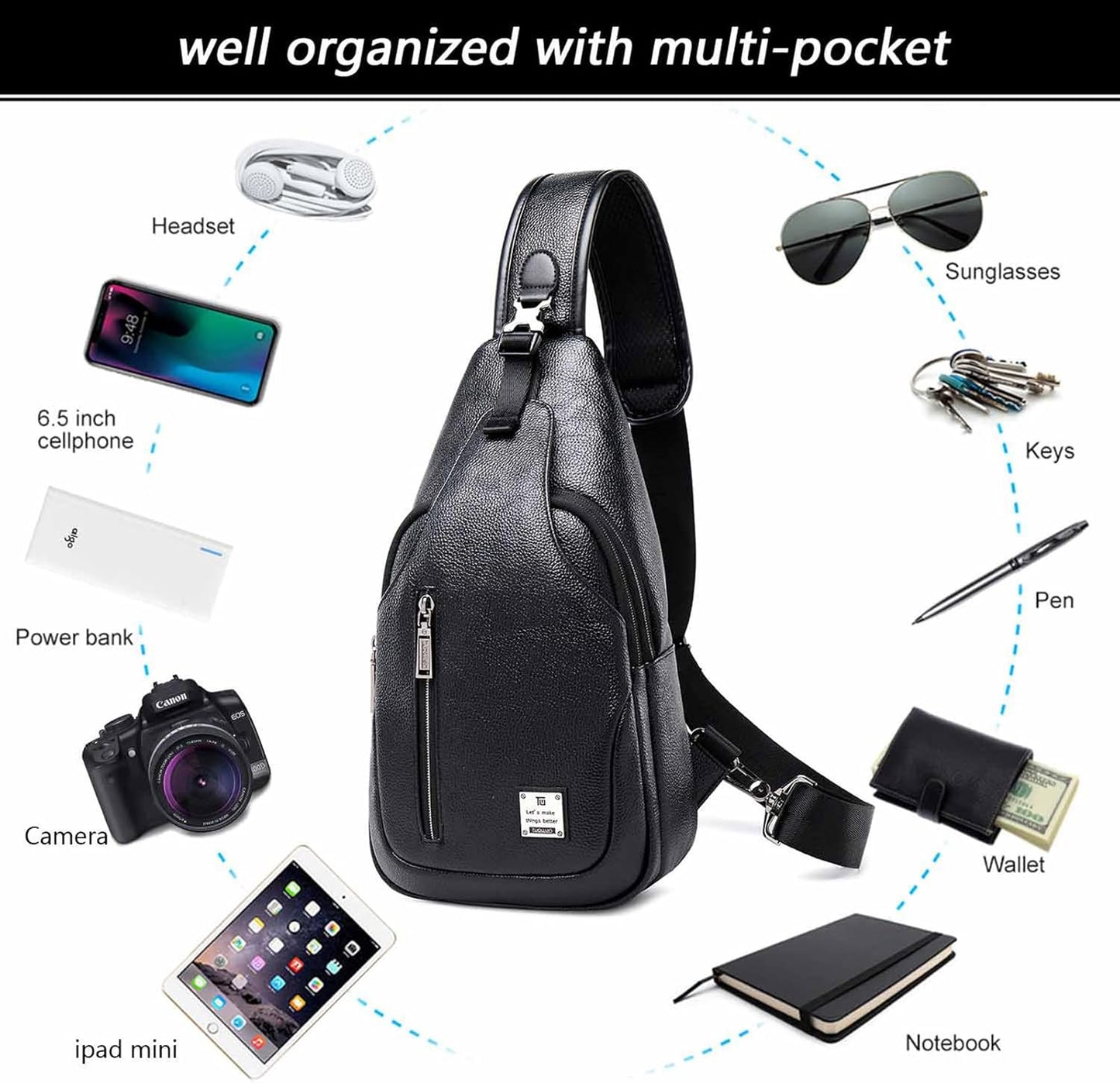 Small Sling Bag Crossbody Backpack Over the Shoulder Bag for Men Women Travel Outdoors, Lightweight Chest Pack (Small, Black)