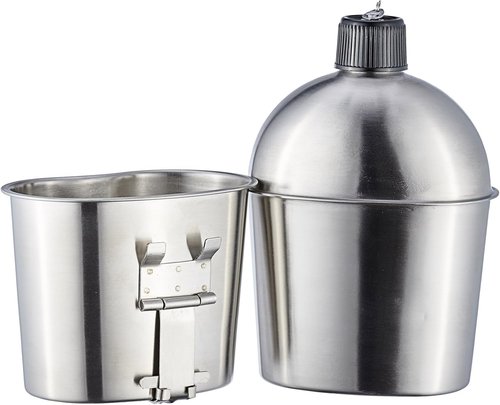 DARTMOOR G.I. Army Stainless Steel Canteen Military with Cup and Green Nylon Cover Waist Belt for Camping Hiking