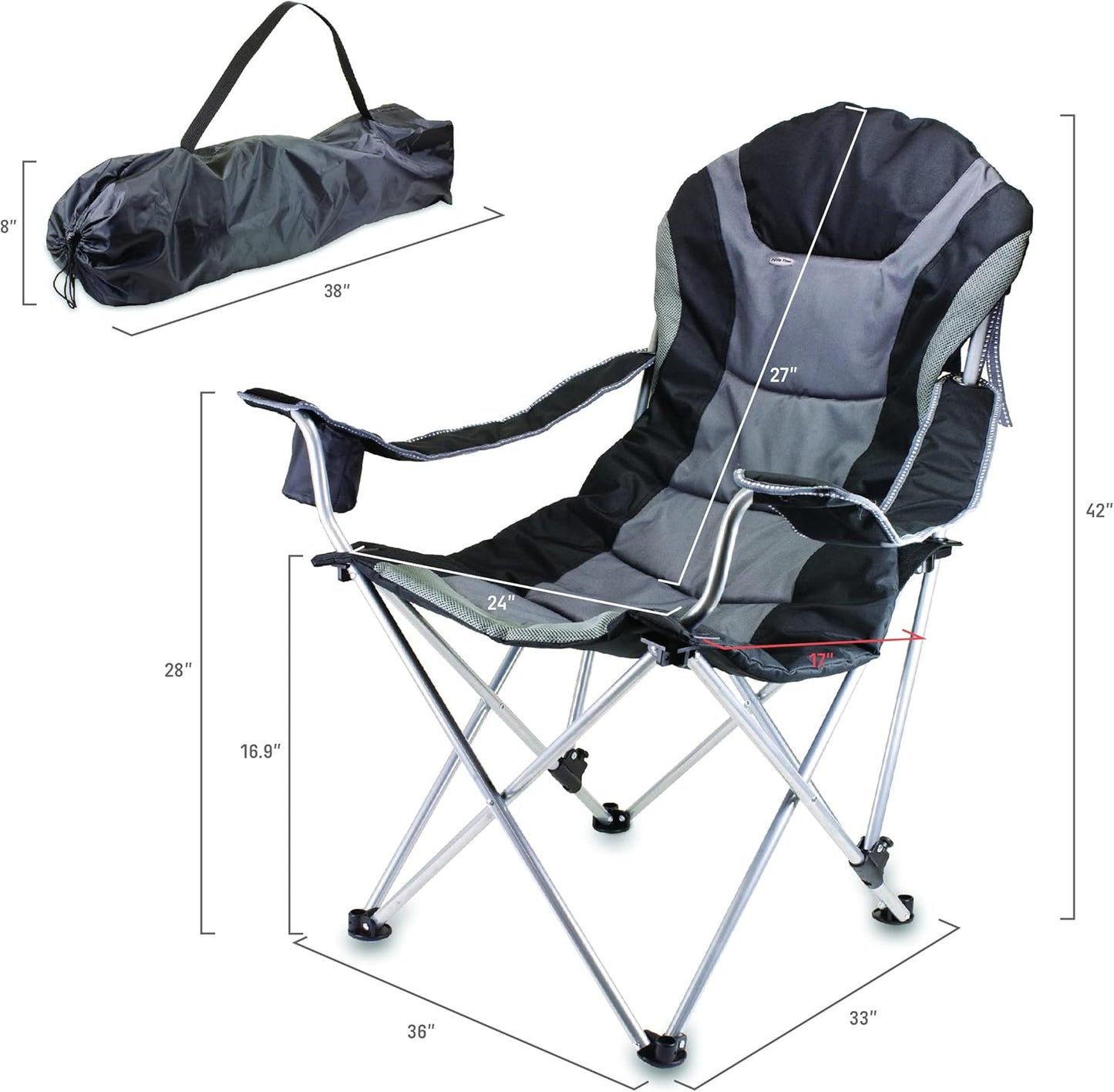 Picnic TIME Reclining Camp Chair, Beach Chair for Adults, Sports Chair with Carry Bag