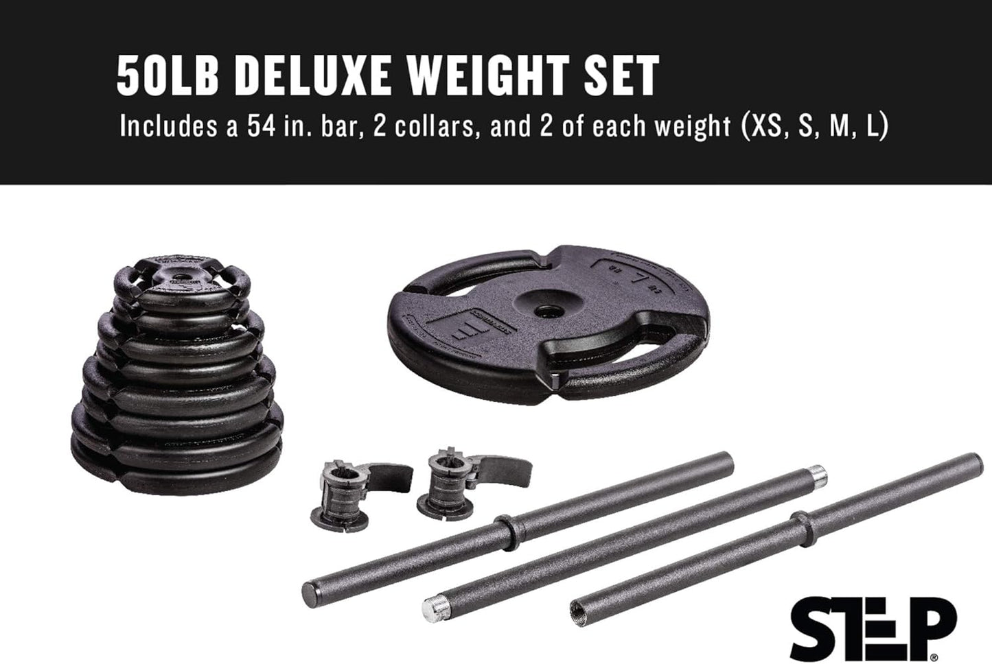 The Step Fitness Adjustable Dumbbell Set or Barbell Weight Set, 35-60 lbs, with Collars, and Weights