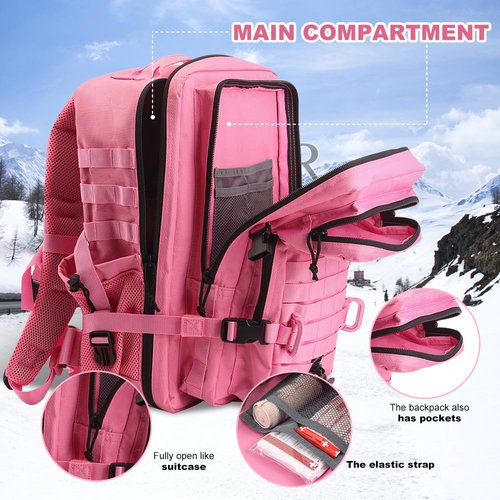 Hannibal Tactical 45L MOLLE Assault Backpack, Tactical Backpack Military Army Camping Rucksack with Bottle Holder, 3-Day Pack Trip w/USA Flag Patch, D-Rings, Pink
