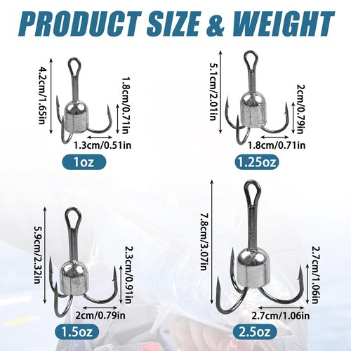 Snagging Hooks Snagging Weighted Treble Hooks,5pcs/Pack Treble Fishing Hooks 4 Sizes 1oz,1.25oz,1.5oz,2.5oz for Saltwater Freshwater (5/0-5pcs)