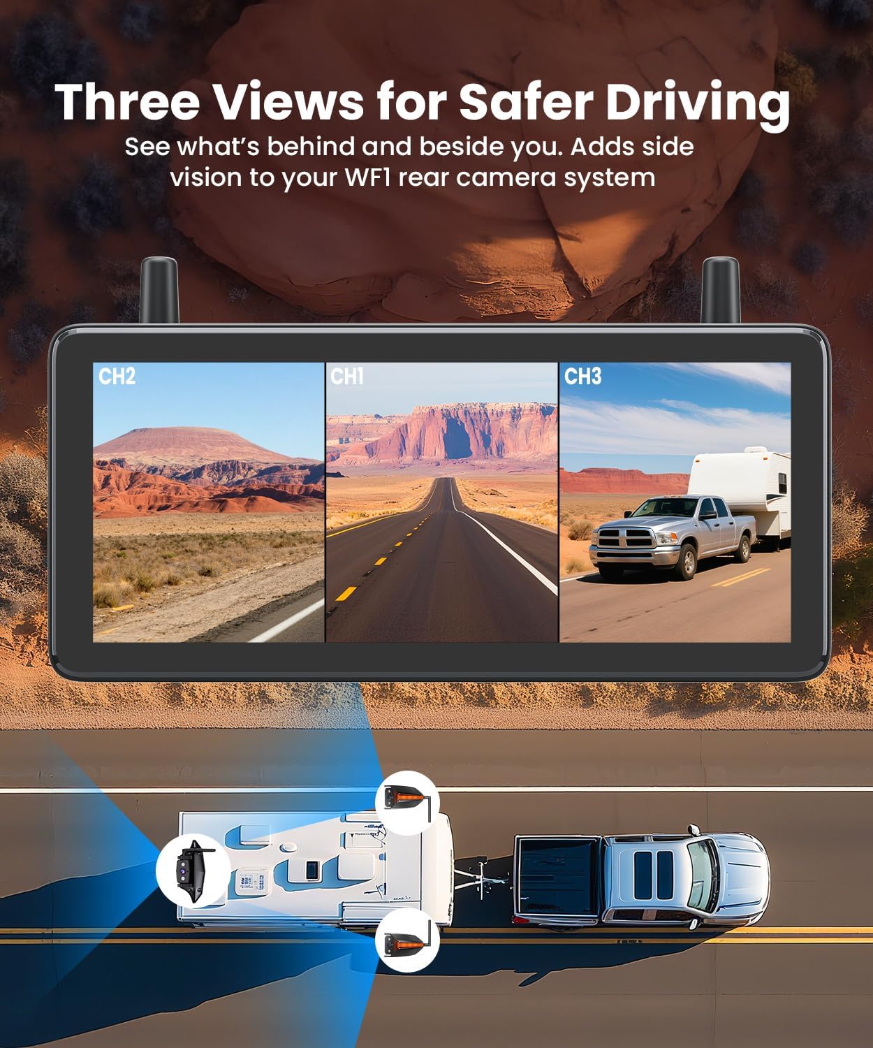 AUTO-VOX RV Backup Camera Wireless Plug and Play: Compatible with Pre-Wired RV, IR Night Vision, HD 1080P 7.2'' DVR 3-Channels, Stable Signal & Wide Angle Rear View Camera for Trailer Camper Motorhome