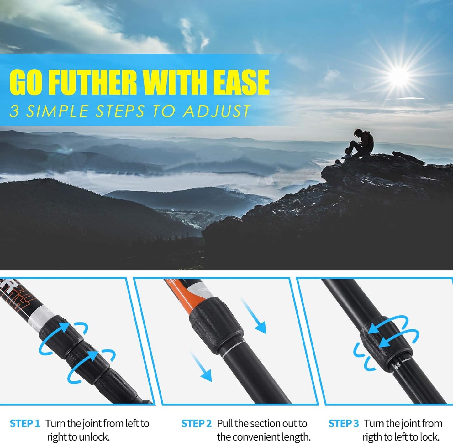 G2 GO2GETHRE Multipurpose Telescopic Trekking Poles - Strong Aircraft Alloy Walking Sticks for Hiking and Hunting,Quick Locks System (1pc)