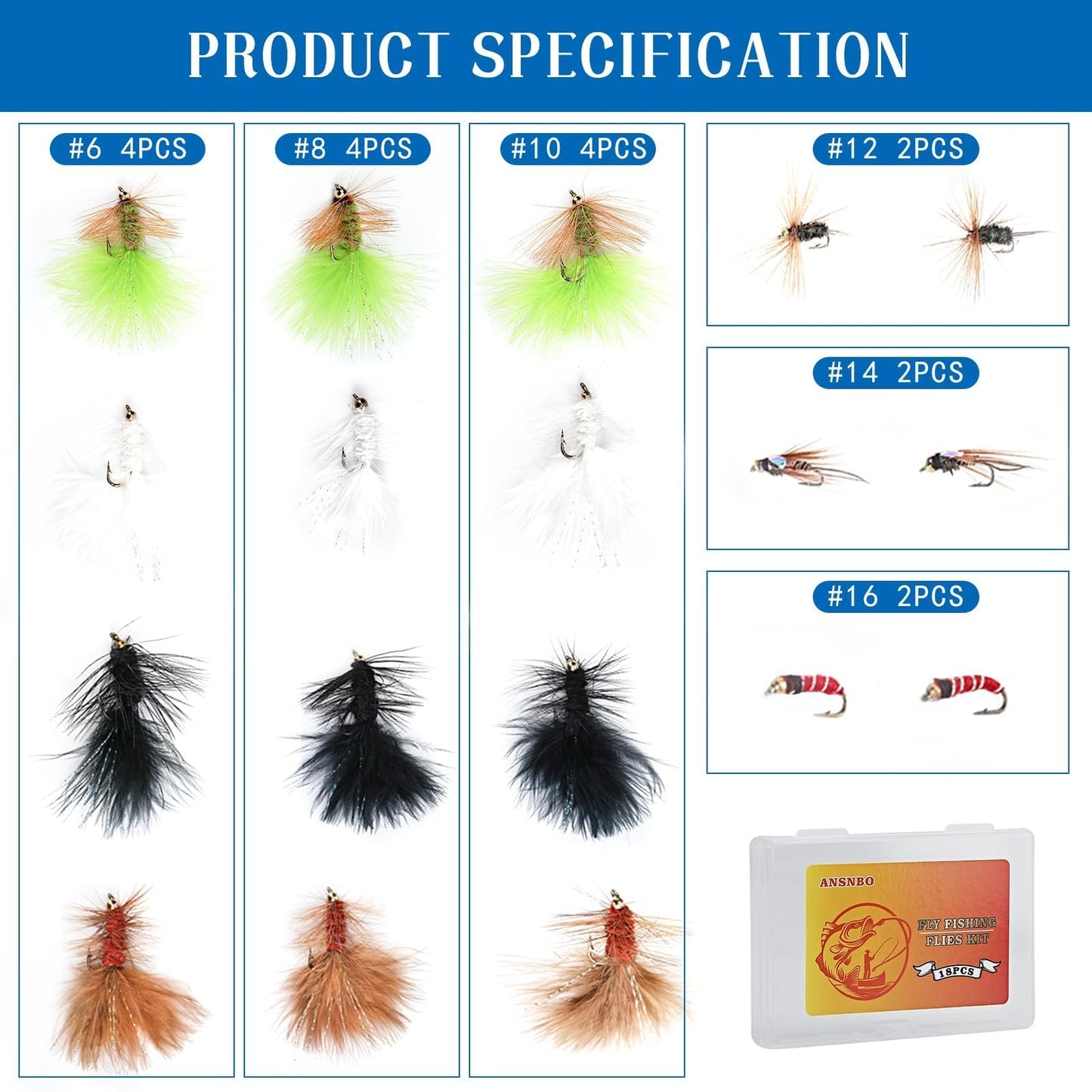 Ansnbo 18PCS Fly Fishing Flies Assortment, Hand Tied Woolly Bugger Flies for Trout Bass Flyfishing, Wet Nymphs Streamer Flies Fly Fishing Lures