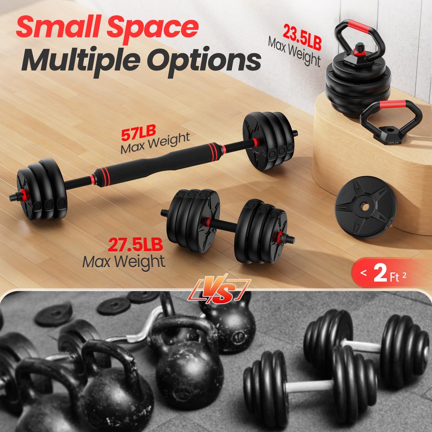 FITPLAM 4 in 1 Adjustable Dumbbell Weight Set, 45lbs Free Weights with Upgraded Nut, Used as Kettlebells, Barbell, Push Up Stand for Home, Gym, Fitness, Exercise, Suitable Men/Women, Black