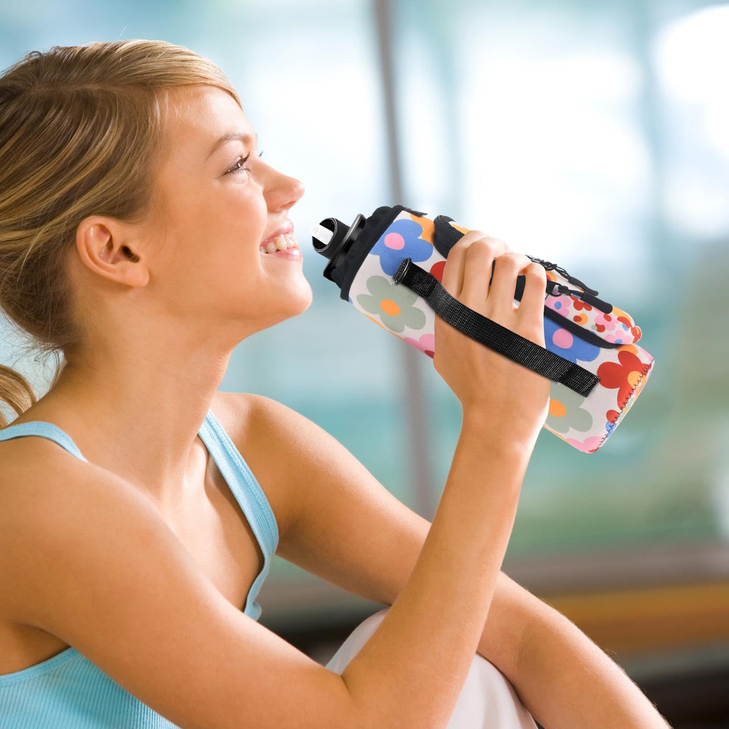 ARTSO Water Bottle Carrier Bag with Phone Pocket, Neoprene Sleeve Water Bottle Holder Sling Bag Pouch with Adjustable Strap 25/32/40/64 oz for Walking Hiking Camping Gym(25oz, Colorful Flowers)