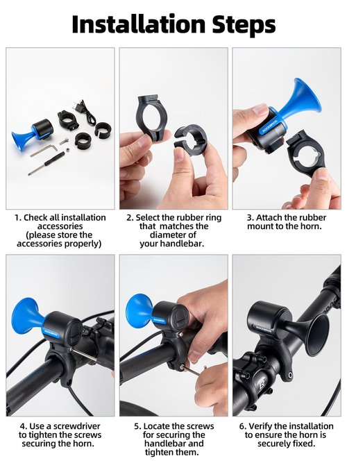 ROCKBROS Electric Bike Horn 120dB Adults Kids Electronic Bicycle Horn Alarm IPX6 Handlebar USB Rechargeable