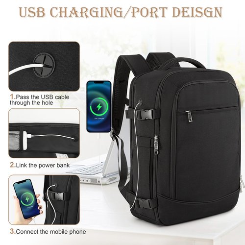 Rinlist Large Backpack for Men Women, Travel Backpack Flight-approved Personal Item Size, 40L Carry on Backpack Casual Daypack, Black