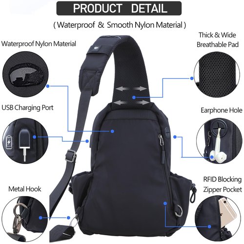Sling Bag Crossbody Bag Sling Backpack for Men Women, Shoulder Bag Chest Crossbody Bag for Men, Lightweight Waterproof Sling Bag for Men Women USB Charging Port Travel Hiking
