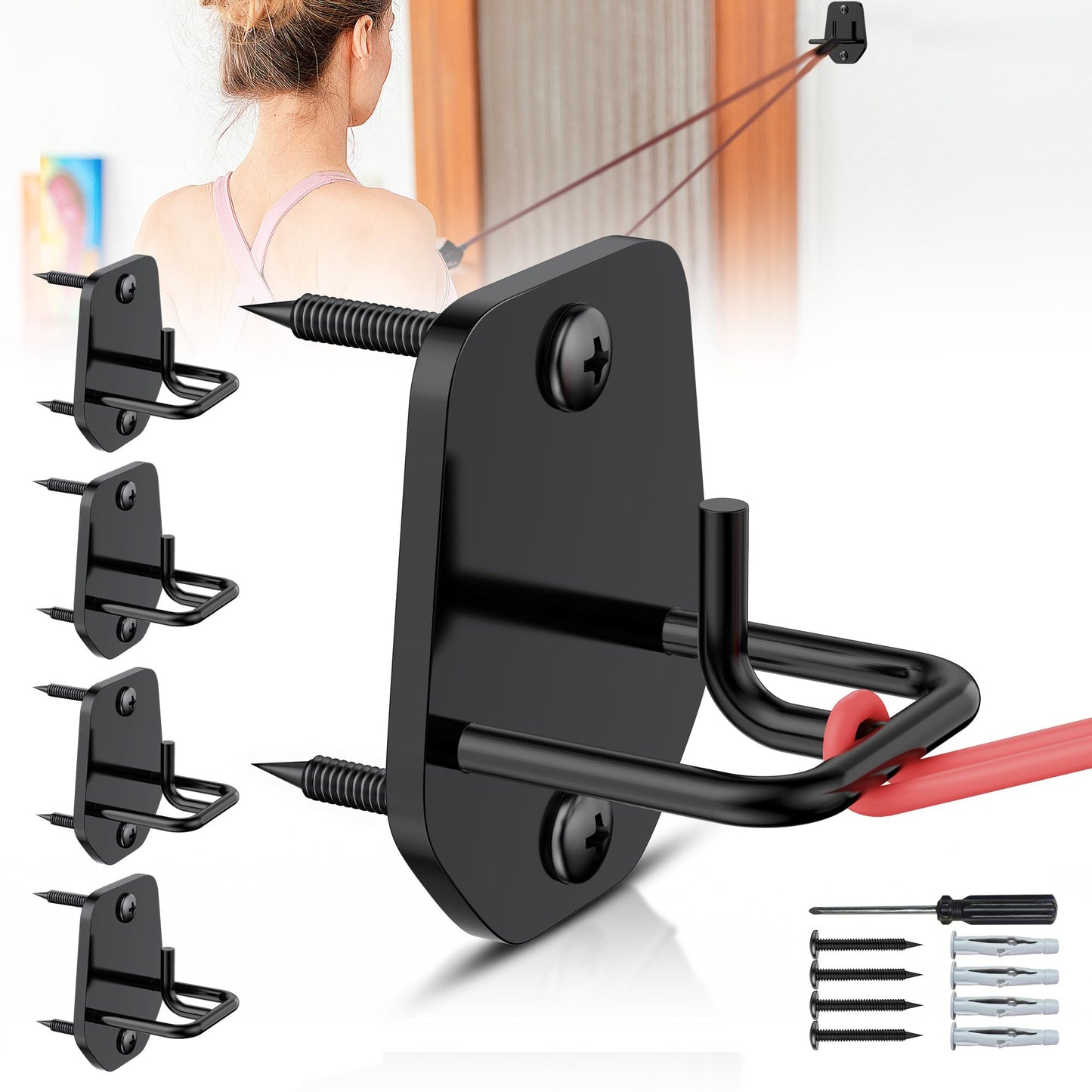 4 Pcs Resistance Band Anchors - Space-Saving Wall Mount Workout Anchors for Exercise Bands - Upgrade Home Gym Wall Hooks for Strength Training, Fitness, Physical Therapy