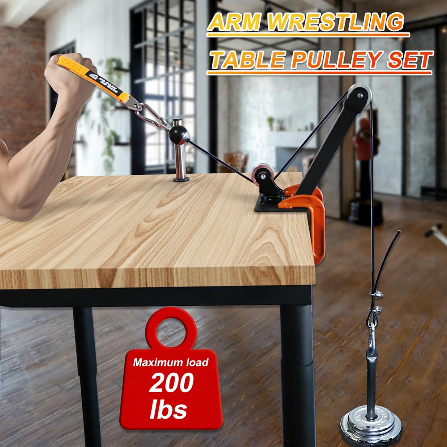 Arm Wrestling Pulley Training System Kit for Table - Professional Forearm & Wrist Strengthener with Aluminum Rotating Pulleys, Adj. 1.5m Cable, Loading Pin, Training Strap for Home Gym