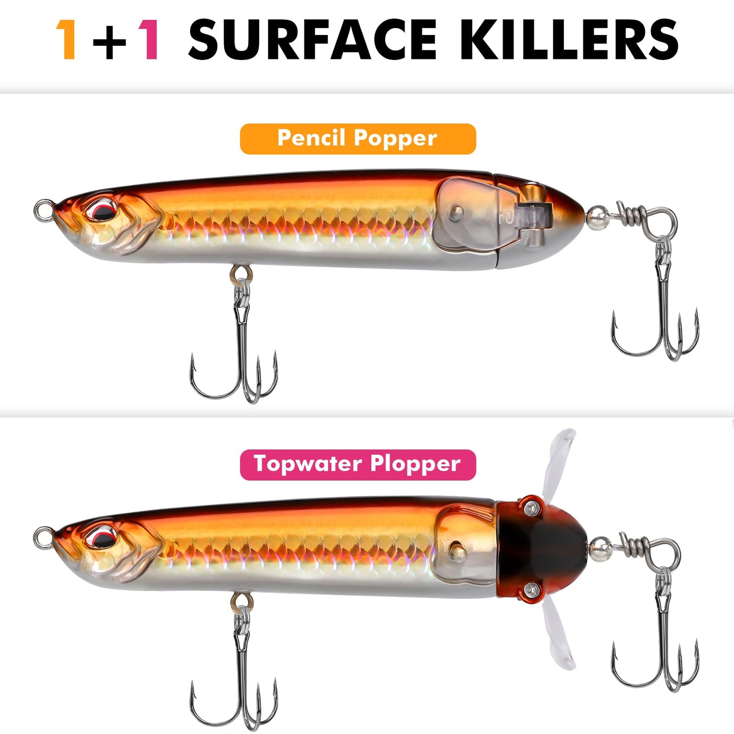 TRUSCEND Top Water Pencil Fishing Lures with Double Floating Rotating Tail, Surface Pencil Popper, Long Cast Premium Bass Bait with Rattle, Fishing Teasers Swimbaits for Freshwater Saltwater