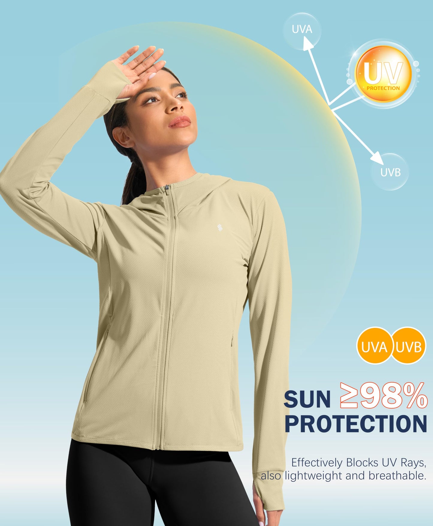 Soothfeel Women's UPF 50+ Sun Protection Hoodie Jacket Lightweight Long Sleeve Sun Shirt for Women with Pocket Hiking Outdoor(Khaki, XL)