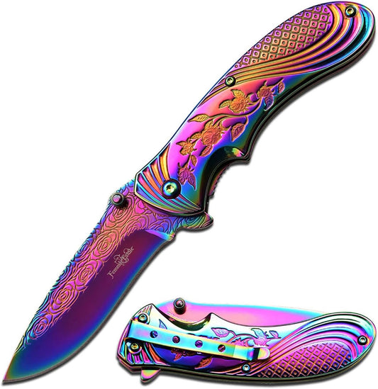 FEMME FATALE – Spring Assisted Open Folding Pocket Knife – Rainbow TiNite Coated Stainless Steel Blade and Handle w/Stamped Rose Design and Pocket Clip, EDC, Self Defense – FF-A008RB