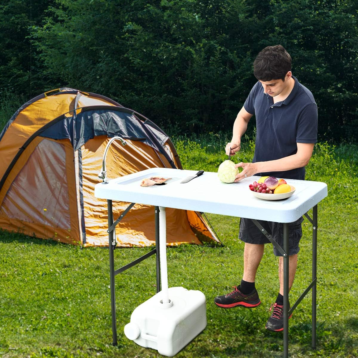 Giantex Fish Cleaning Table, Folding Table with Sink, Faucet and Drain Hose, Portable Outdoor Sink Station with Hose Hook Up, 45"x 23"x 37"