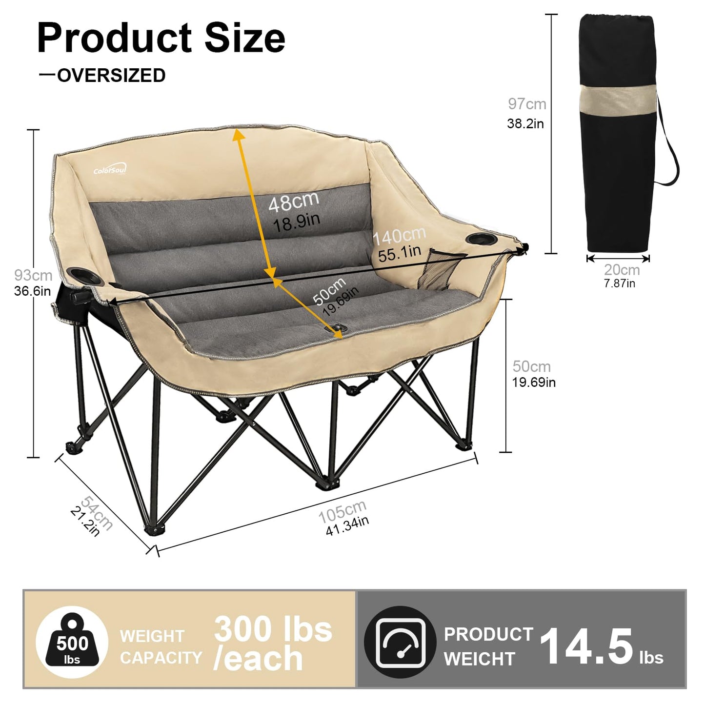 2 Person Fully Padded Camping Chair Oversized Loveseat Camping Chair Double Camping Chairs for Adults Heavy Duty Outdoor Camping Couch, Padded Seats & Armrests, 600Lbs, Beige