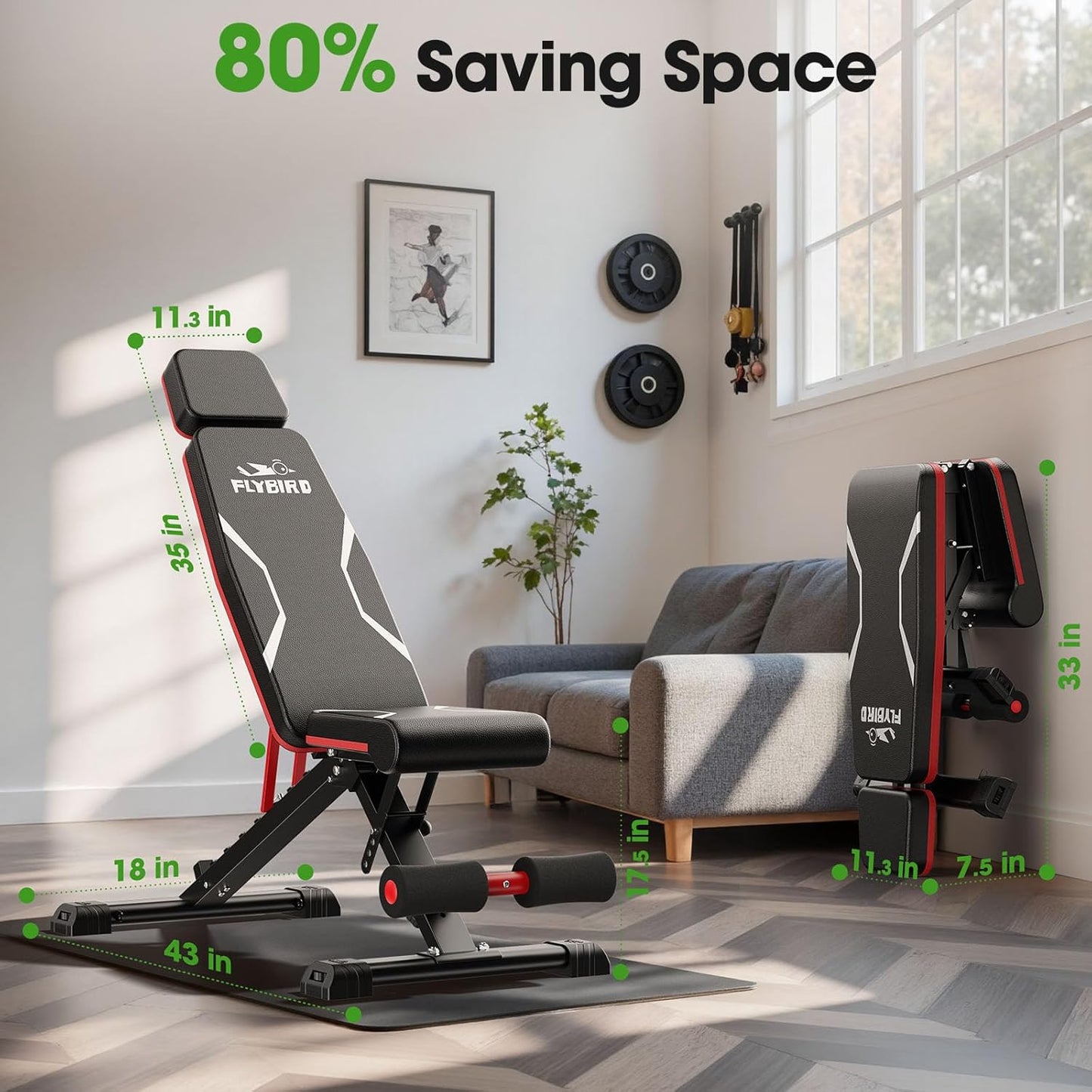 FLYBIRD Adjustable Weight Bench Fits up to 6'5'', 750LBS Capacity for Full Body Workout, 27LBS Sturdy Foldable Bench Press for Home Gym, 5X Stable Lifting Bench Incline Decline Flat Dumbbell Exercise