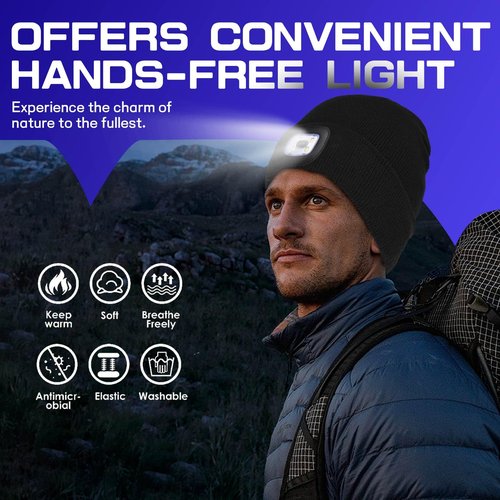 Unisex Beanie Hat with Light, USB Rechargeable LED Headlamp Cap Warm Knit Hats for Winter Safety，Gifts for Men Women Dad (Deep Hemp Grey)