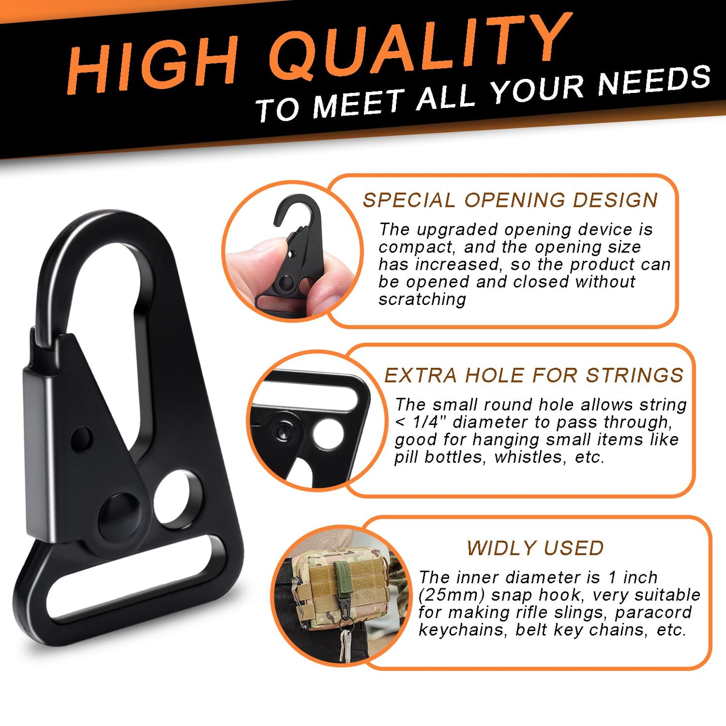 6 Pack Metal Rifle Sling Clips Tactical Snap Hook Enlarged Mouth Single Point Slings Clip for Paracord Webbing Strap Outdoor Accessories - 1"(25mm)