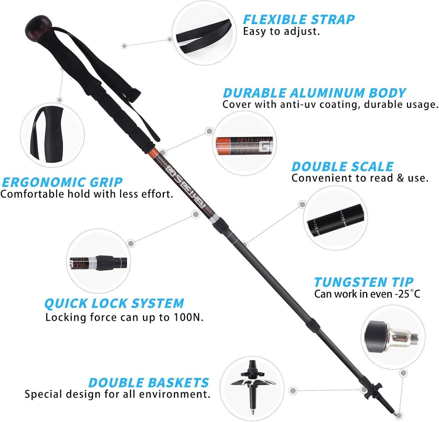 G2 GO2GETHRE Multipurpose Telescopic Trekking Poles - Strong Aircraft Alloy Walking Sticks for Hiking and Hunting,Quick Locks System (1pc)