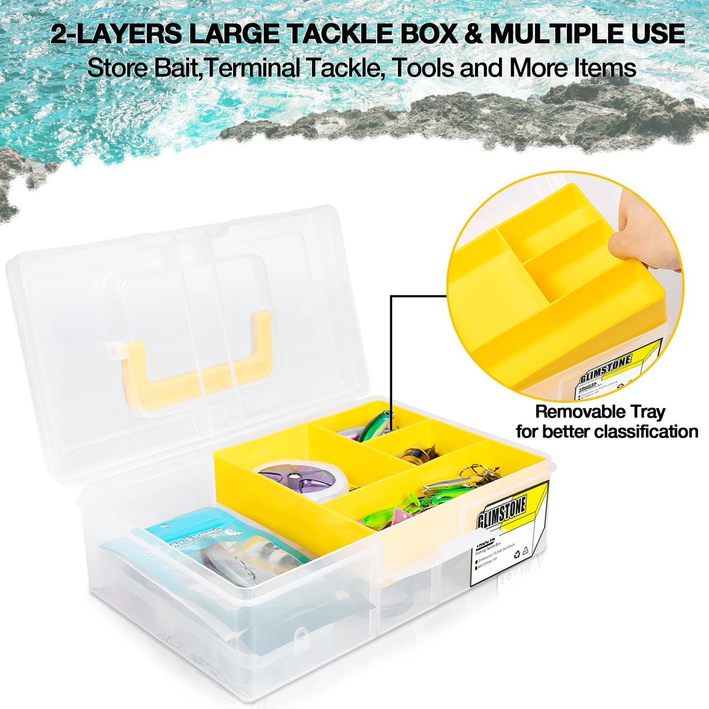 Glimstone Fishing Tackle Boxes Waterproof Premium Plastic Storage Organizer Container Box with Divider Tray for Small Parts (Tackle Box Only)