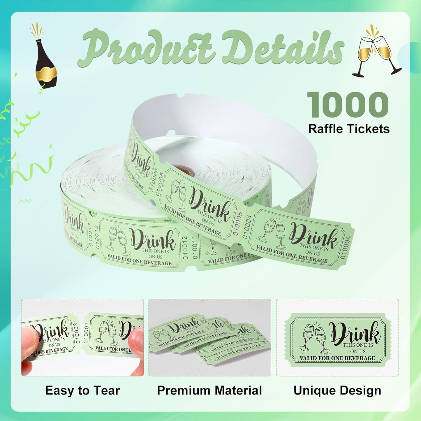 1000 Pcs Drink Ticket Single Raffle Tickets Roll Cocktail Design Free Drink Ticket for Events Wedding Work Formal Parties Leisure Class Reward