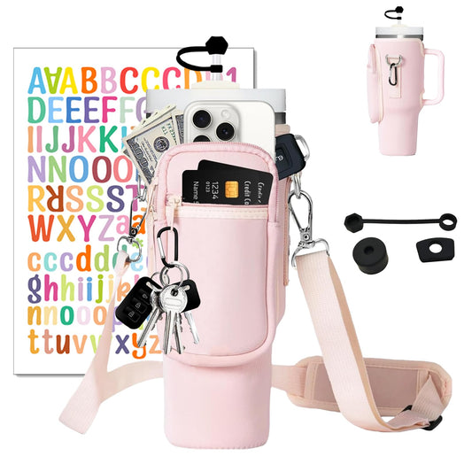 Adoryoung Cup Carrier Holder Bag with Stanley Strap, Metal Hook Loop, Stickers Cup Cover Tumbler Accessories for 40 oz Stanley, Water Bottle Pouch Holder Sling Crossbody Bag with Strap Walking (Pink)