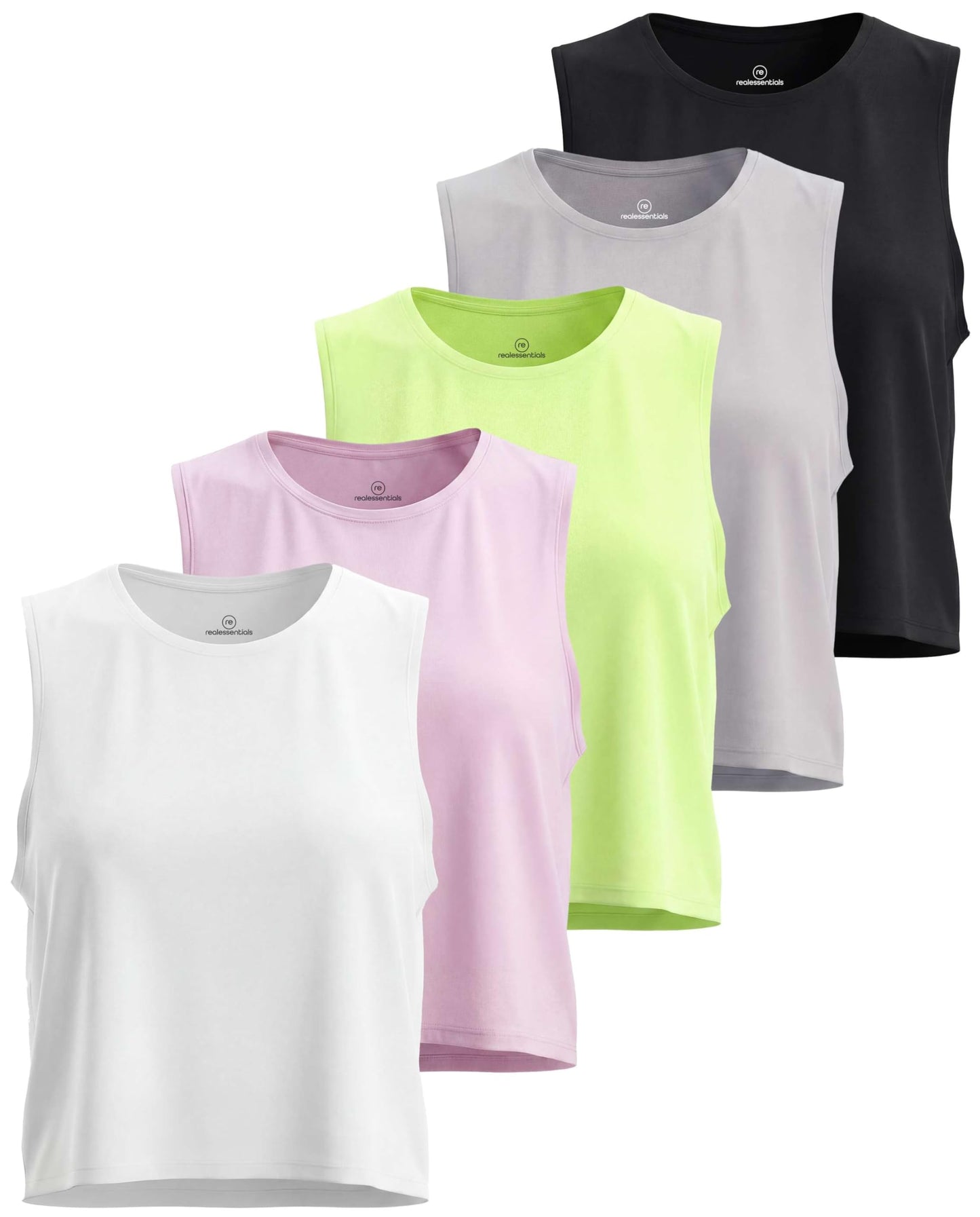 Real Essentials 5 Pack: Women's Dry Fit Crop Summer Tank Top - Gym Yoga Workout Sports Tee (Available in Plus Size) Set 5, M