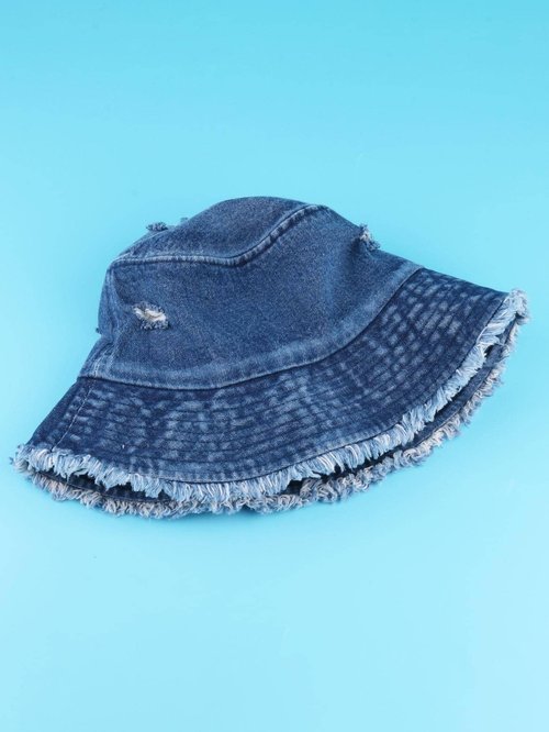 Verdusa Women's Ripped Denim Bucket Hat Raw Hem Sun Hat Outdoor Cap Navy Blue One-Size