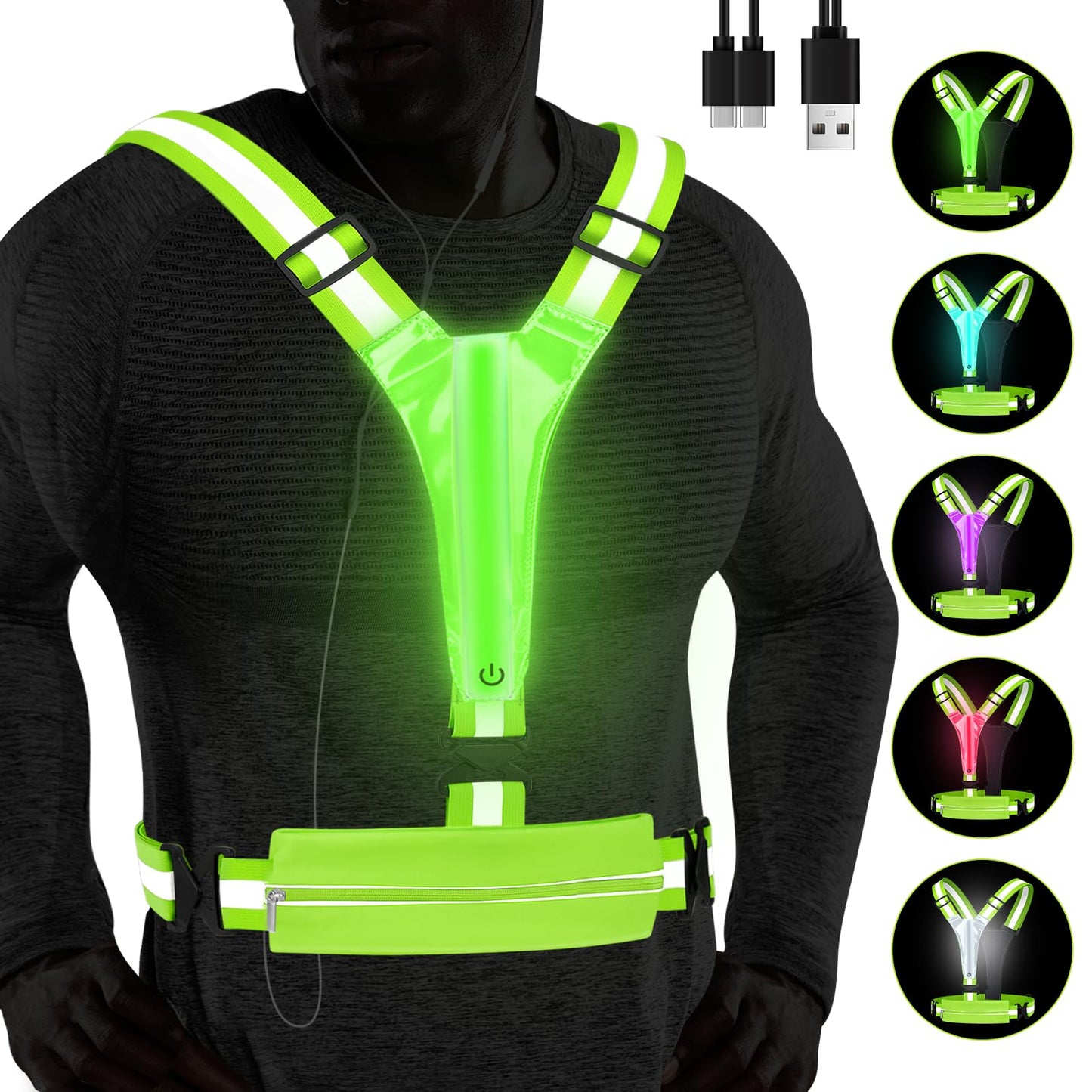 Fitense LED Reflective Running Vest with Phone Holder, 5 Colors Light Up Running Vest Rechargeable Running Lights for Runners High Visibility Reflective Running Gear, Adjustable for Men and Women