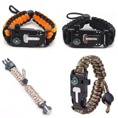 Smithok Paracord Survival Bracelet-Length Adjustable,Loud Whistle Emergency Compass Survival Fire Starter Scraper Accessories for Hiking and Camping and Hunting 4-Pack(Muti-Color)