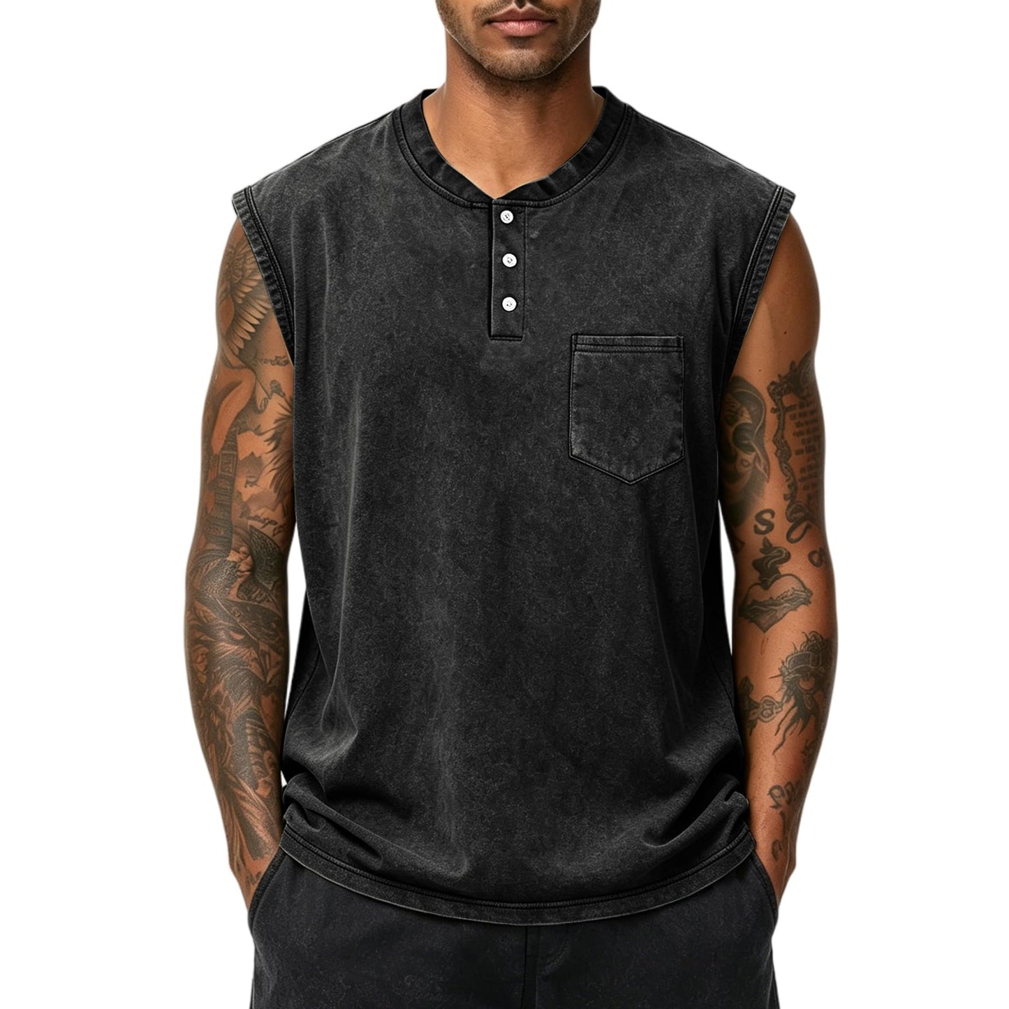 KEEPSHOWING Mens Workout Tank Tops Vintage Sleeveless Henley Shirts Muscle Gym Running Shirts Acid Wash Tops with Pocket(BK,XL) Black