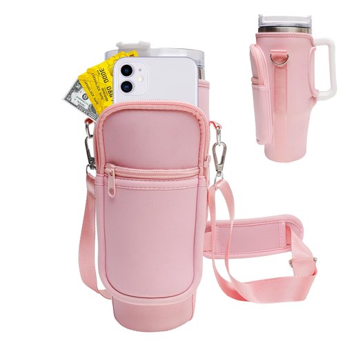 DCLMALL Water Cup Holder Bag with Pocket for Stanley 40oz Tumbler with Handle,Water Cup Carrier for Hiking Travelling Camping with Adjustable Shoulder Strap for Stanley Cup Accessories (pink)