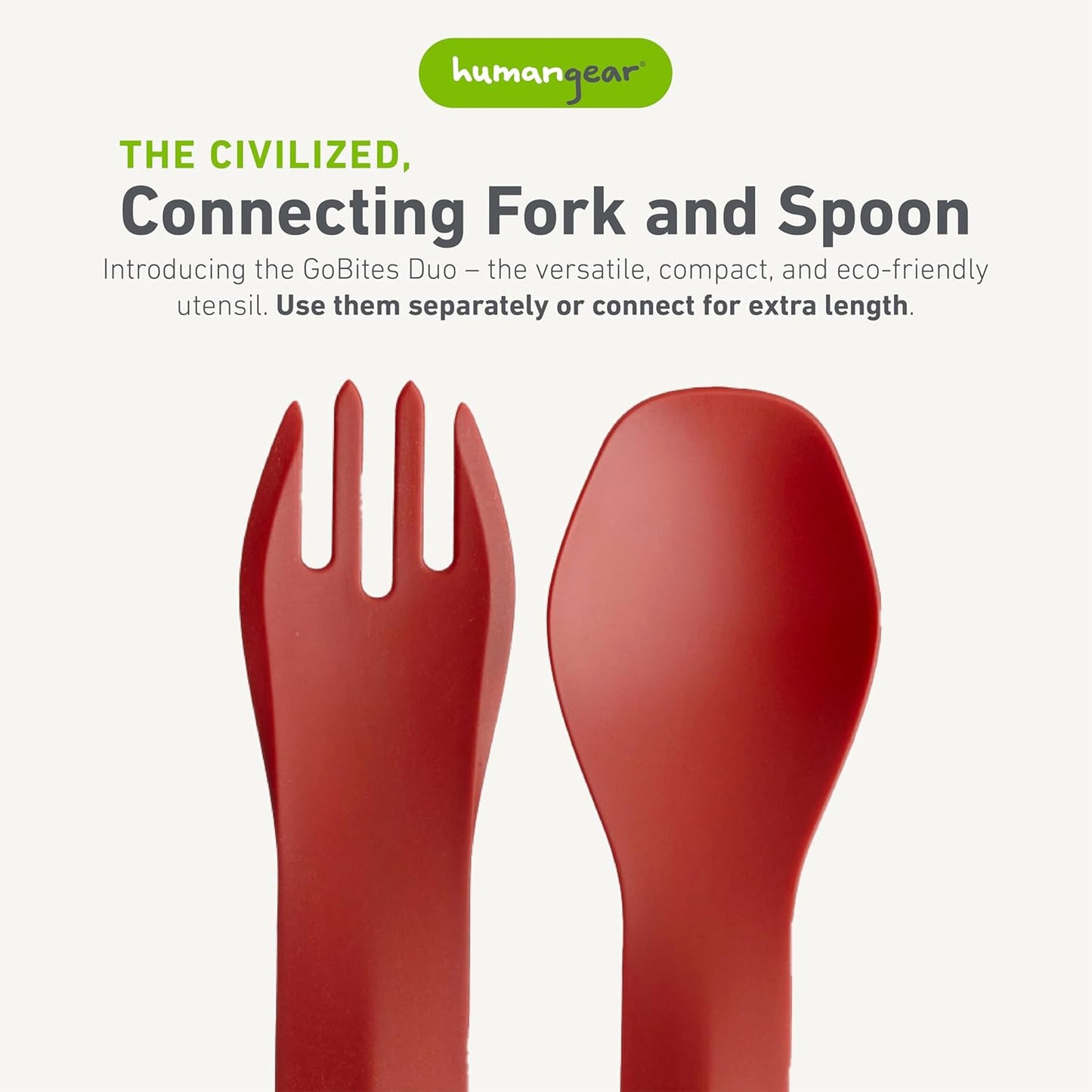 humangear GoBites Duo and Bio Duo Travel Silverware, Full Size Portable Fork & Spoon, Reusable Utensil Set, PC and BPA-free, Food-Safe Nylon or Plant-Based Resin, ﻿Extended - 9.1” X 1.6”