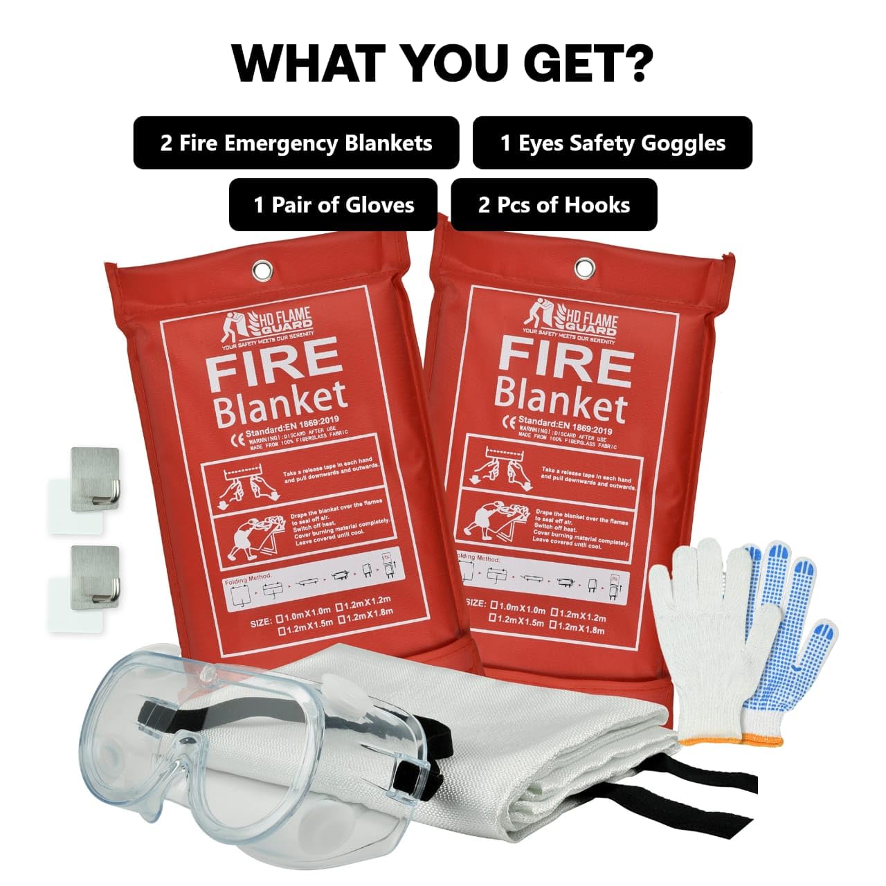 HD FLAME GUARD Comprehensive Fire Safety Kit | 2 Fire RED Blankets, Goggles, Hooks, Gloves | 40x40 INCH Size | Convenient Alternative to Bulky Extinguishers | Ensure Safety Effortlessly