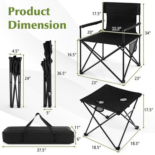 Tangkula 3 Piece Camping Chairs with Table, Portable Folding Lawn Chair with Side Table, Carrying Bag, Side Storage Pocket, 2 Cup Holders, Outdoor Beach Chair Set for Backpacking Travel Camp